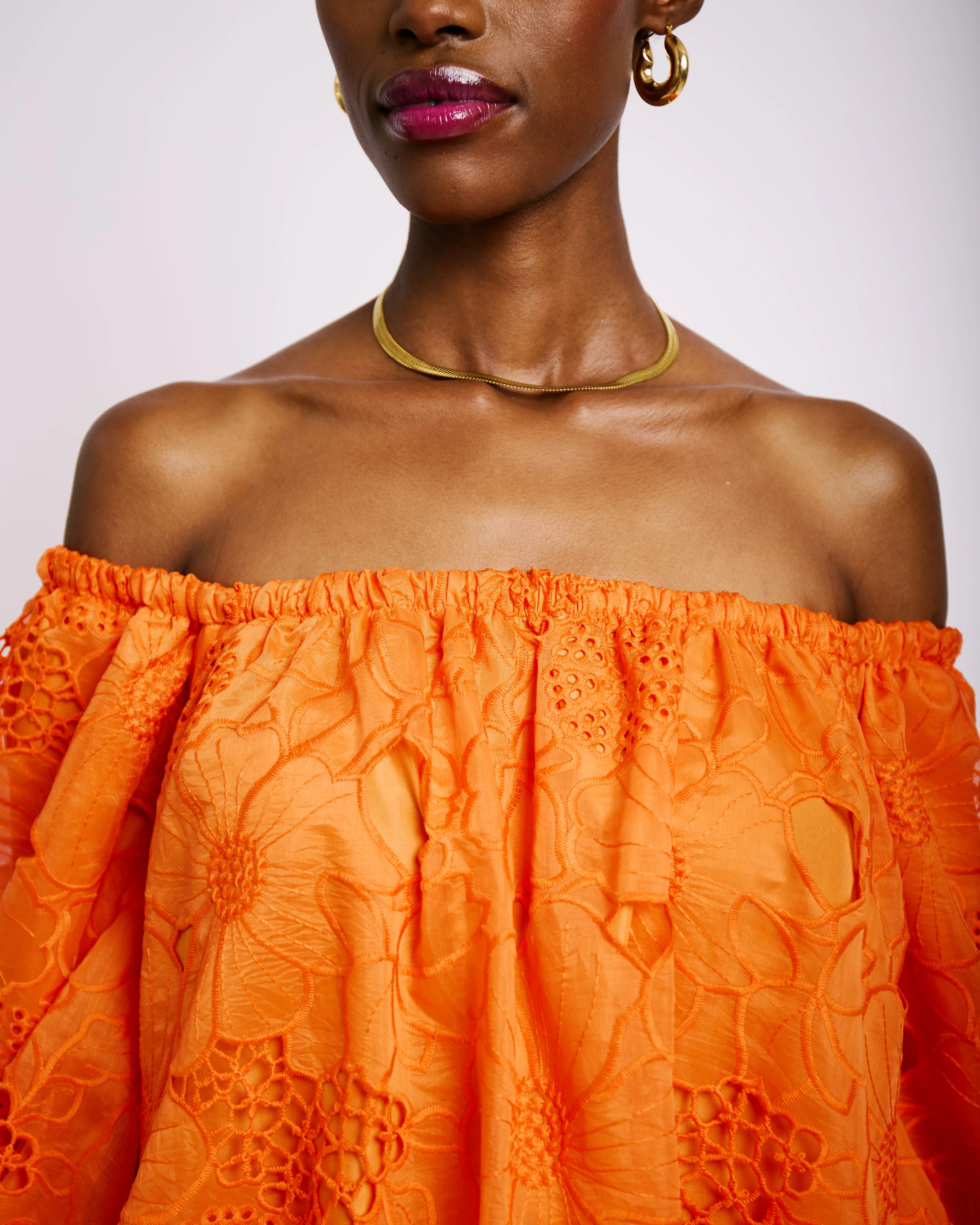 Soft Glide Casual Comfort Off the Shoulder Anglaise Dress in Coral