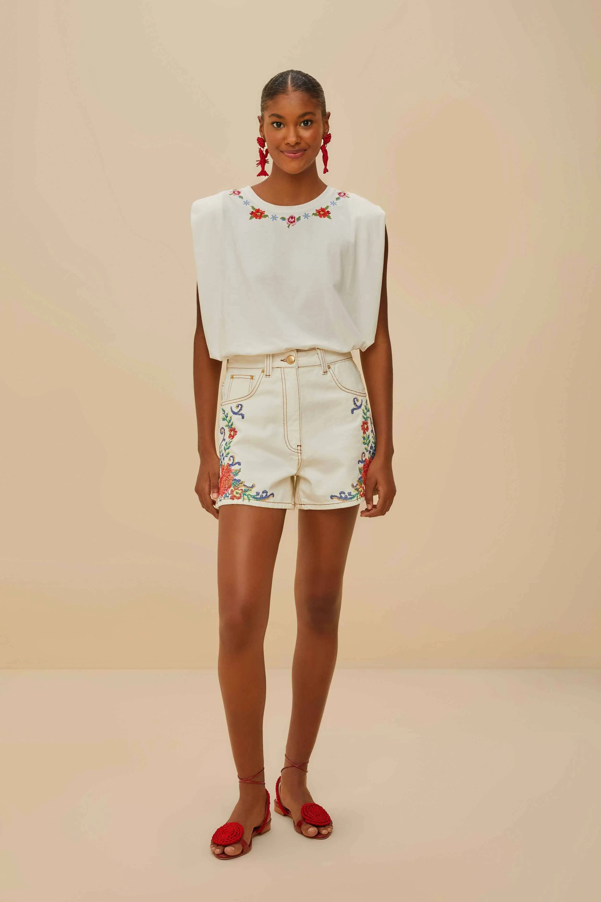 Off-White Cross Stitch Flowers Organic Cotton T-Shirt Chic Comfort