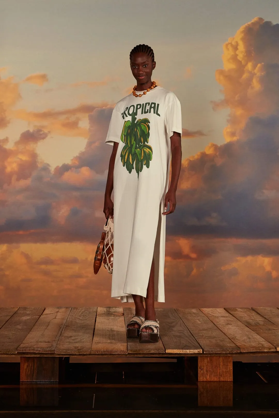 light layering All-Day Wear Off-White Tropical Organic Cotton T-Shirt Dress