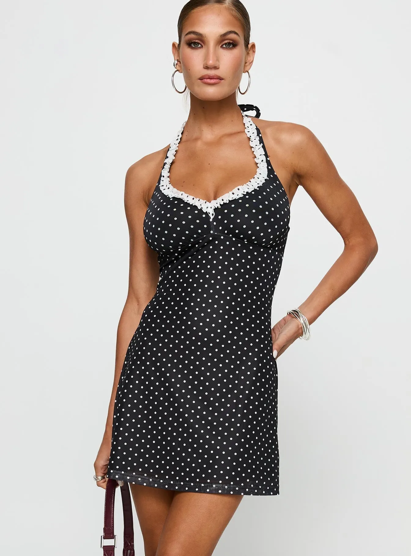Feminine Fit Flattering Waistband Black Beauty Halter Mini Dress Black / Polka