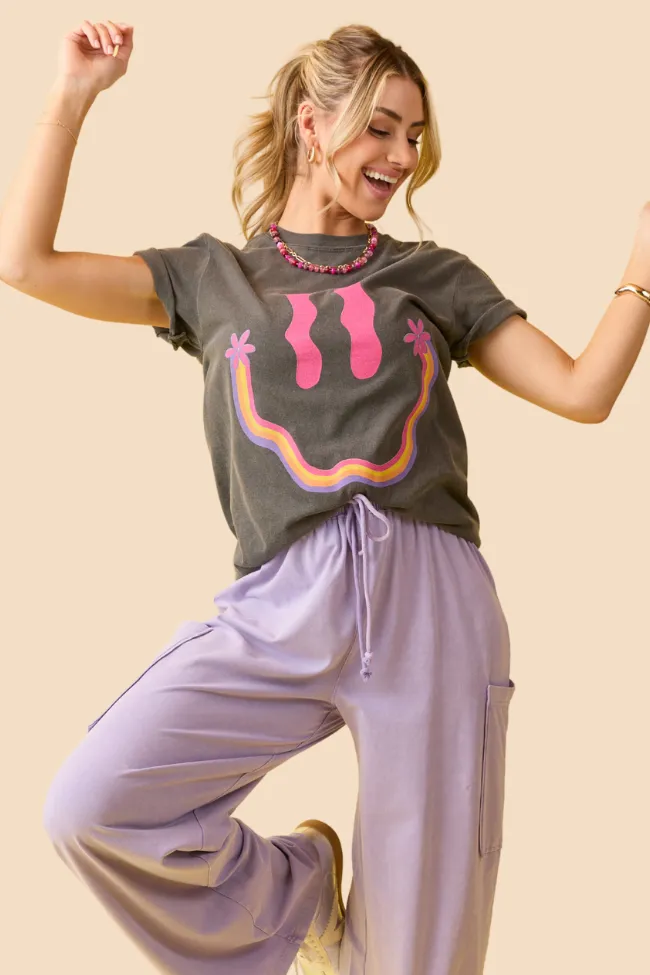 Retro Smiley Dark Grey Graphic Tee Cozy Wear Fit
