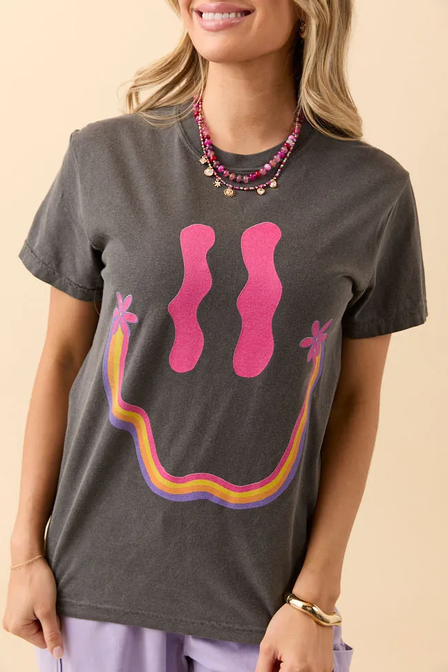 Retro Smiley Dark Grey Graphic Tee Comfort Fit sequined details