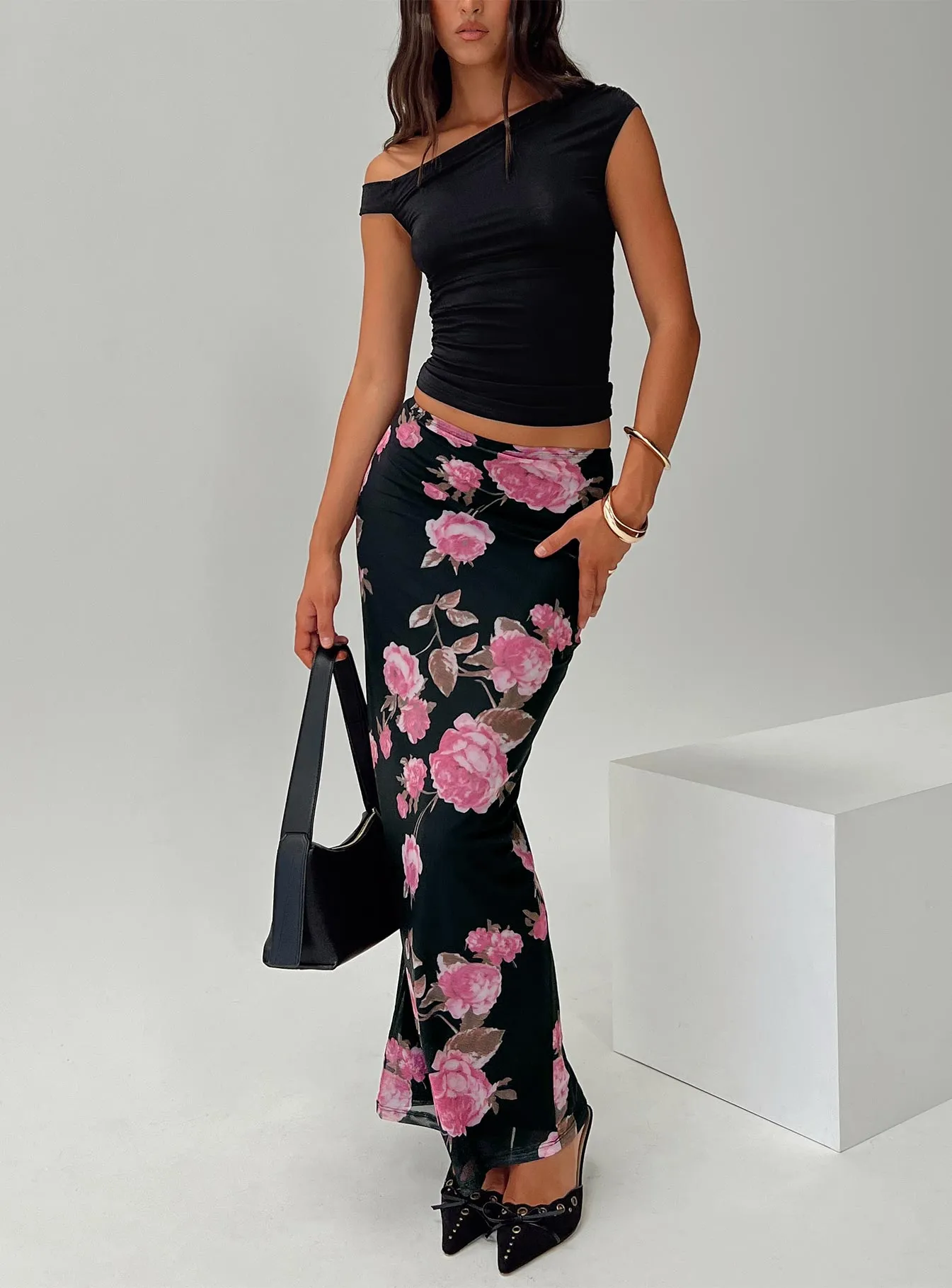 Oversized style Roll Up Hem Modalla Maxi Skirt Black Floral