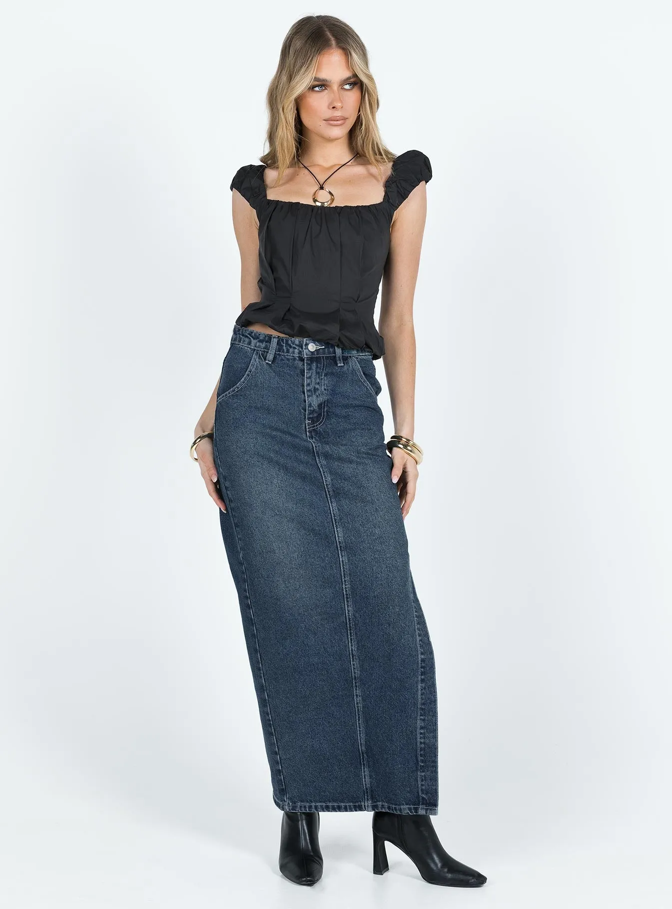 Hand Stitched Orillia Denim Midi Skirt Dark Wash