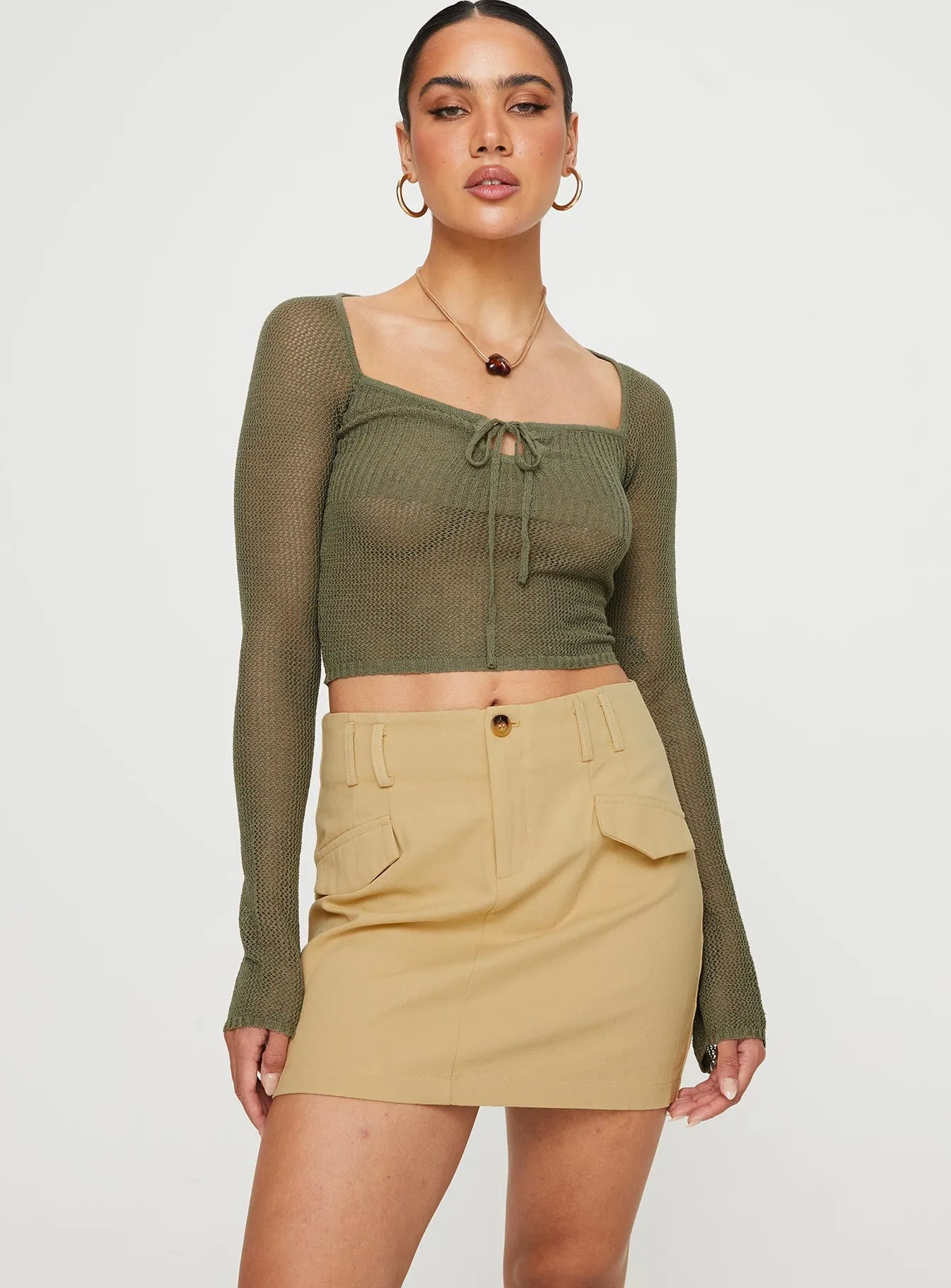 Flowy Drape Oritz Cargo Mini Skirt Beige