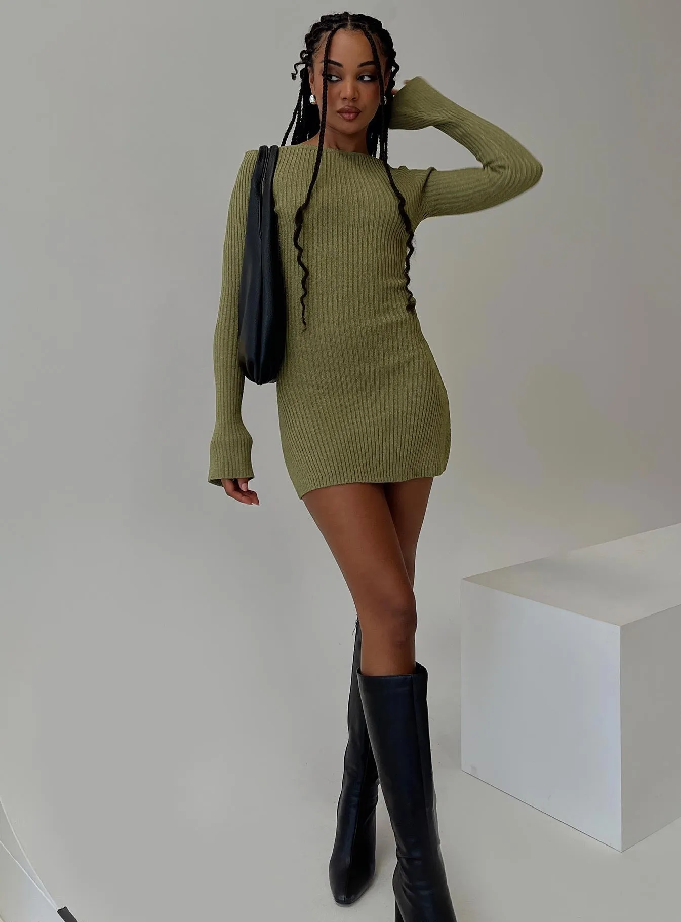 Osment Long Sleeve Knit Mini Dress Olive Casual Style