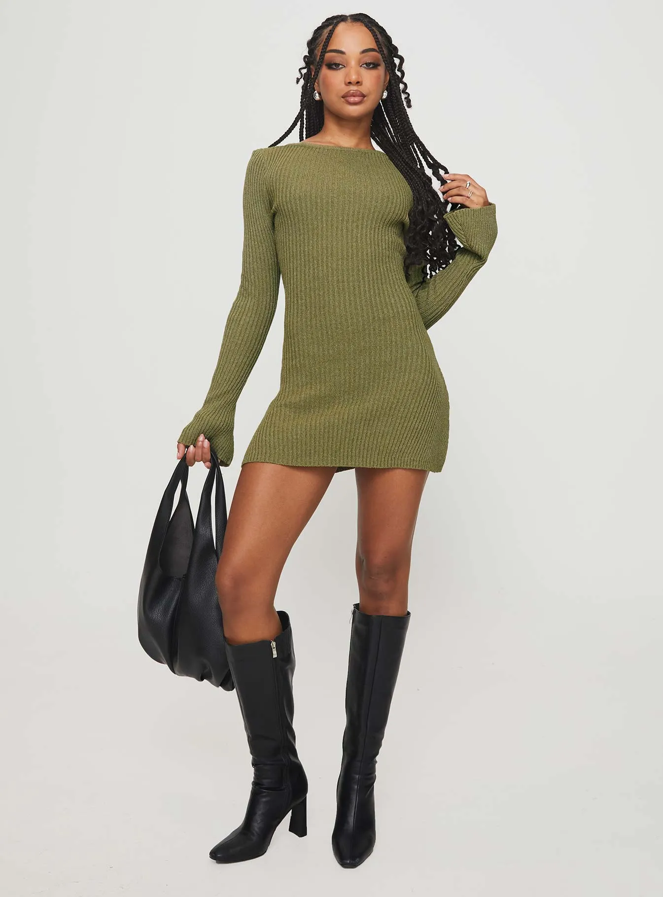 Osment Long Sleeve Knit Mini Dress Olive Bold Cut