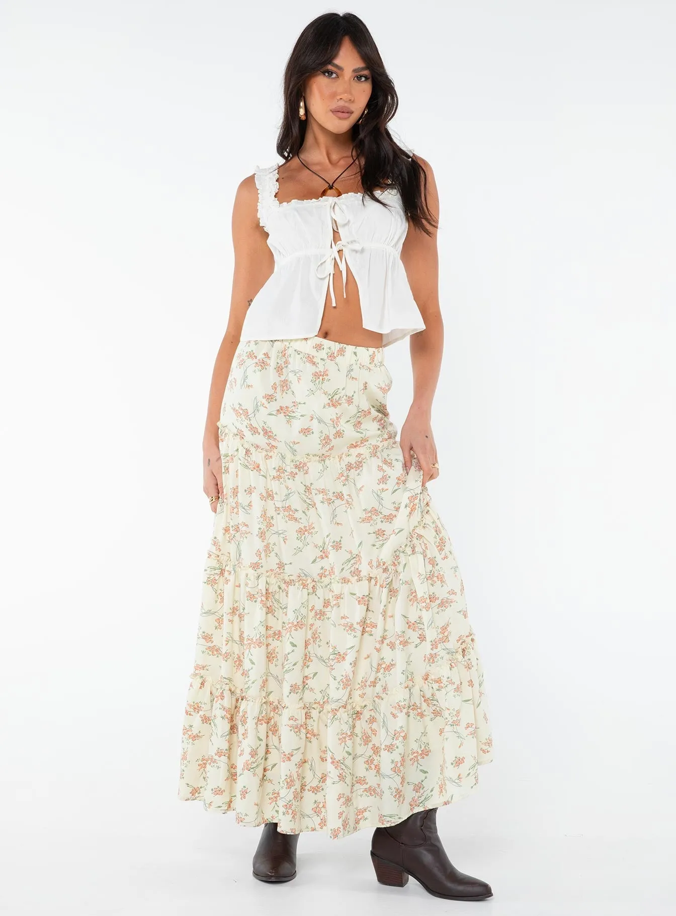 Miriah Maxi Skirt Cream Floral Casual Edge Outfit Flow