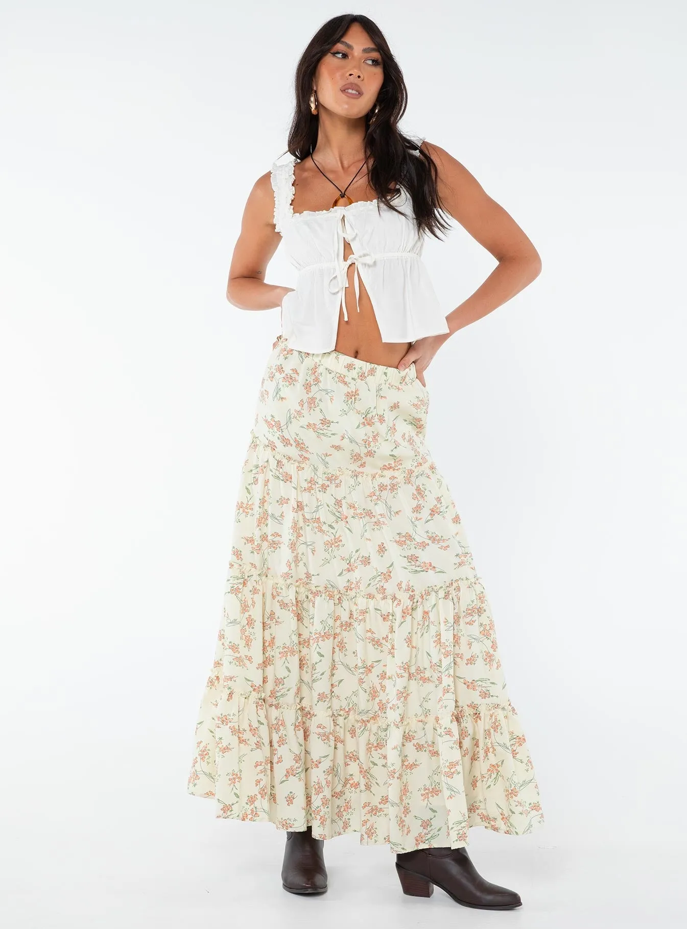 Miriah Maxi Skirt Cream Floral Travel Friendly