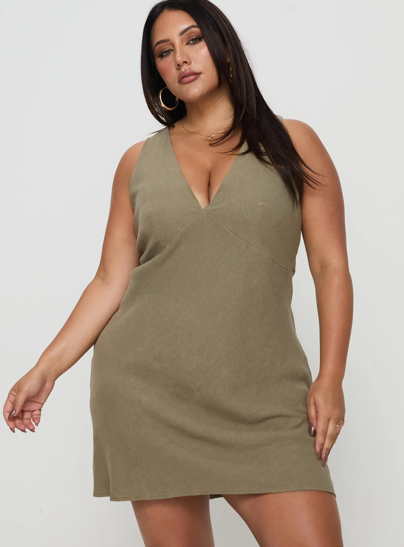 Portillo Linen Blend Mini Dress Olive Curve Sleek Layer Fall Go