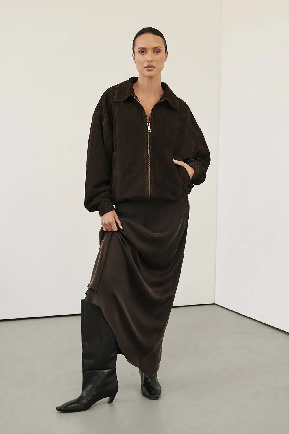 DALTON BITTER CHOC SUEDE BOMBER BondedSeams