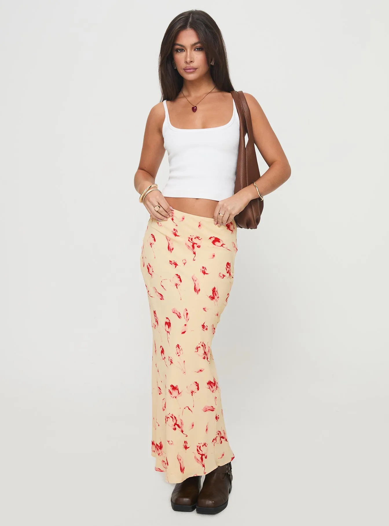 High Elasticity Material Mangoes Maxi Skirt Cream