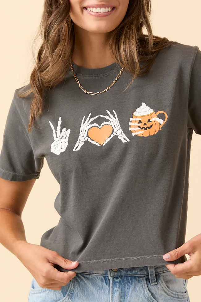 Peace, Love, and Pumpkin Spice Latte Dark Grey Boxy Graphic Tee SALE Casual Touch Stretch Jersey Knit