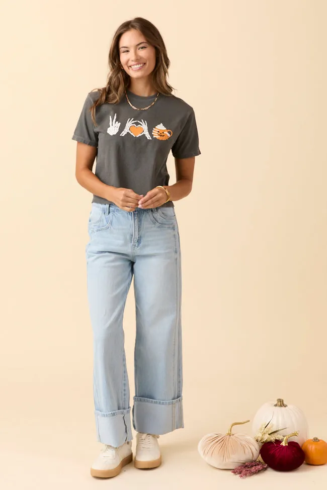 Peace, Love, and Pumpkin Spice Latte Dark Grey Boxy Graphic Tee SALE Recycled Polyester