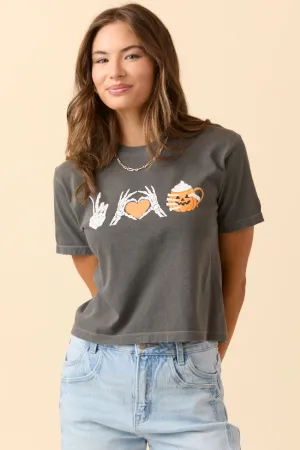 Athletic Fit SoftTouchFinish Peace, Love, and Pumpkin Spice Latte Dark Grey Boxy Graphic Tee SALE