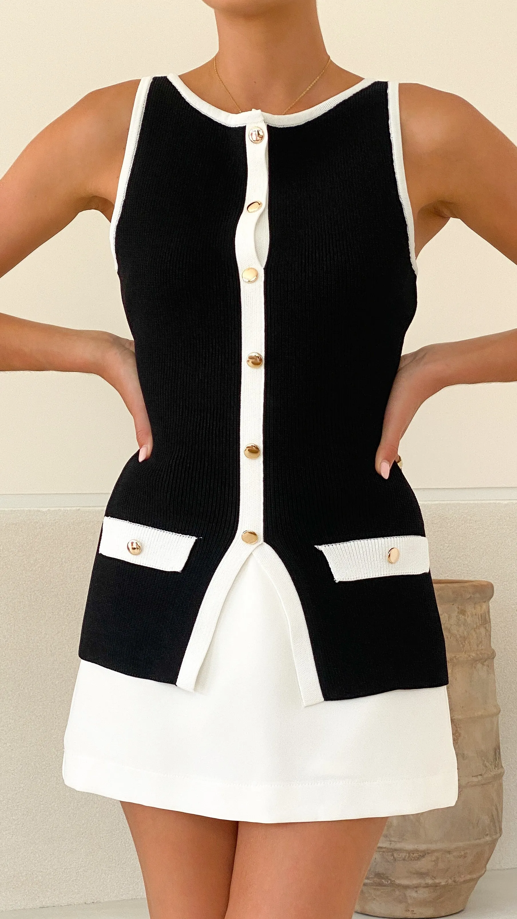 Chill Style Antoinette Button Up Vest - Black/White