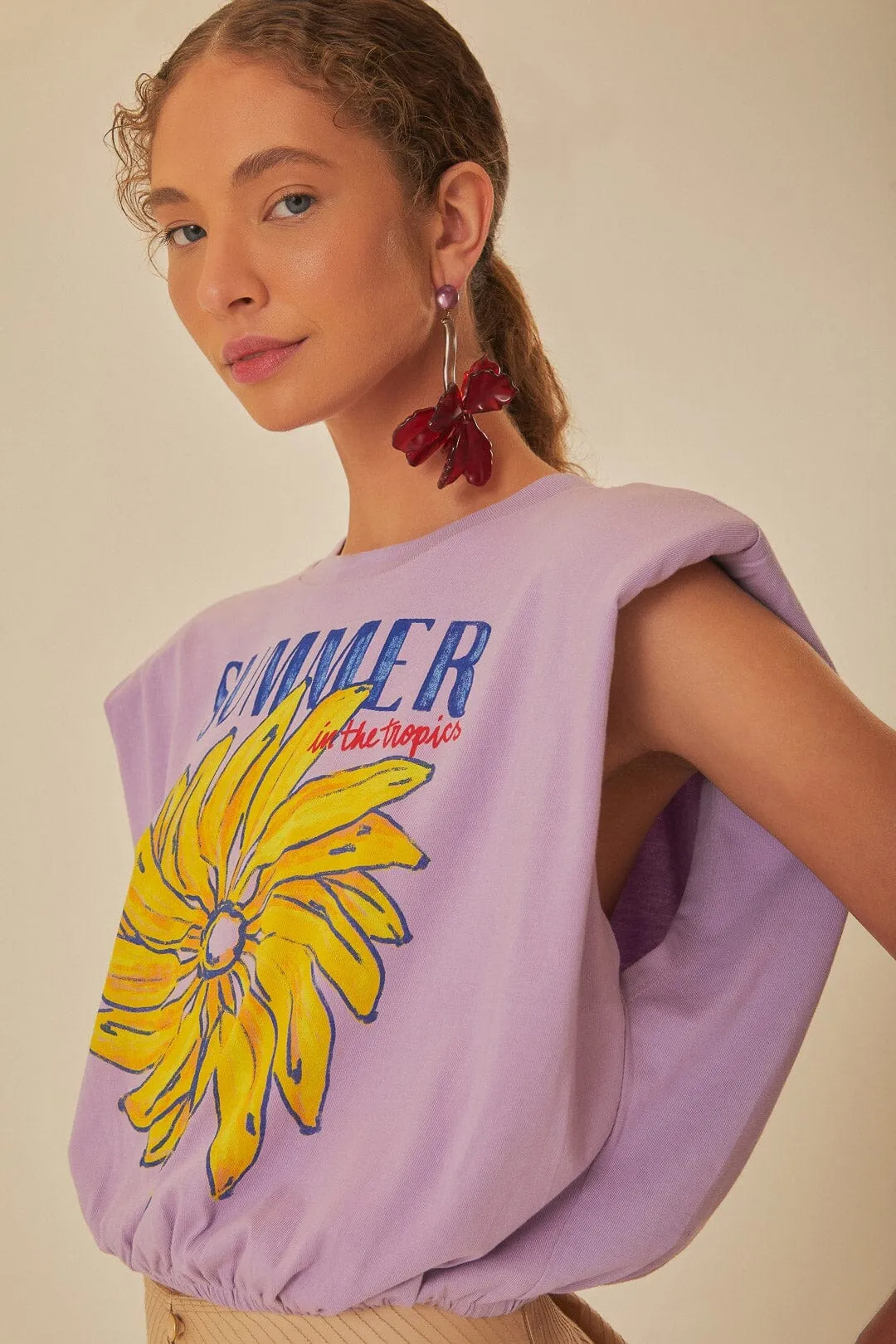 Good stretch Sporty Layer Look Lilac Summer In The Tropics Shoulder Pad Organic Cotton T-Shirt