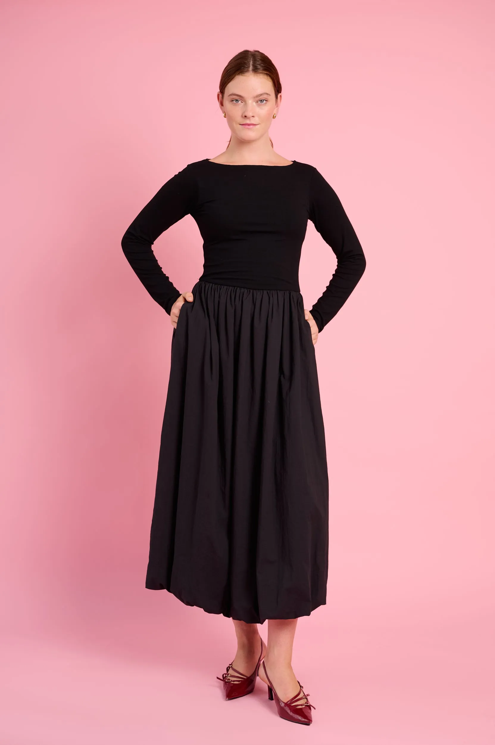 Cozy Design Long Sleeve Combo Dress in Black