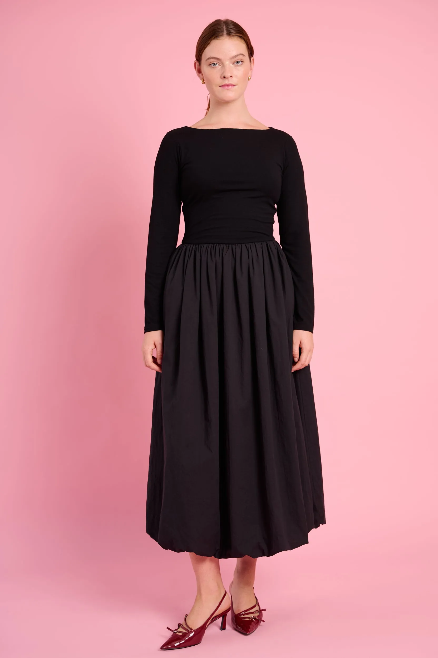 Long Sleeve Combo Dress in Black Day To Night