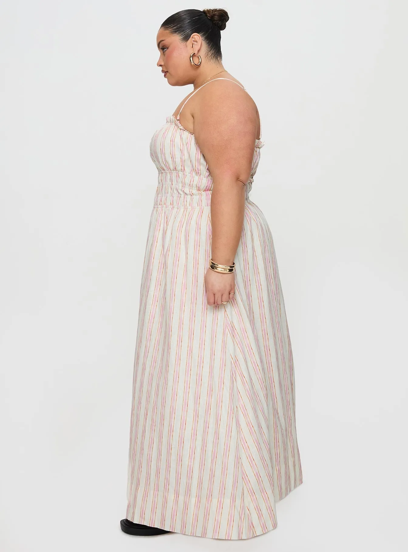 Weekend Favorite Soft Layering Persephone Shirring Linen Maxi Dress Pink Stripe Curve