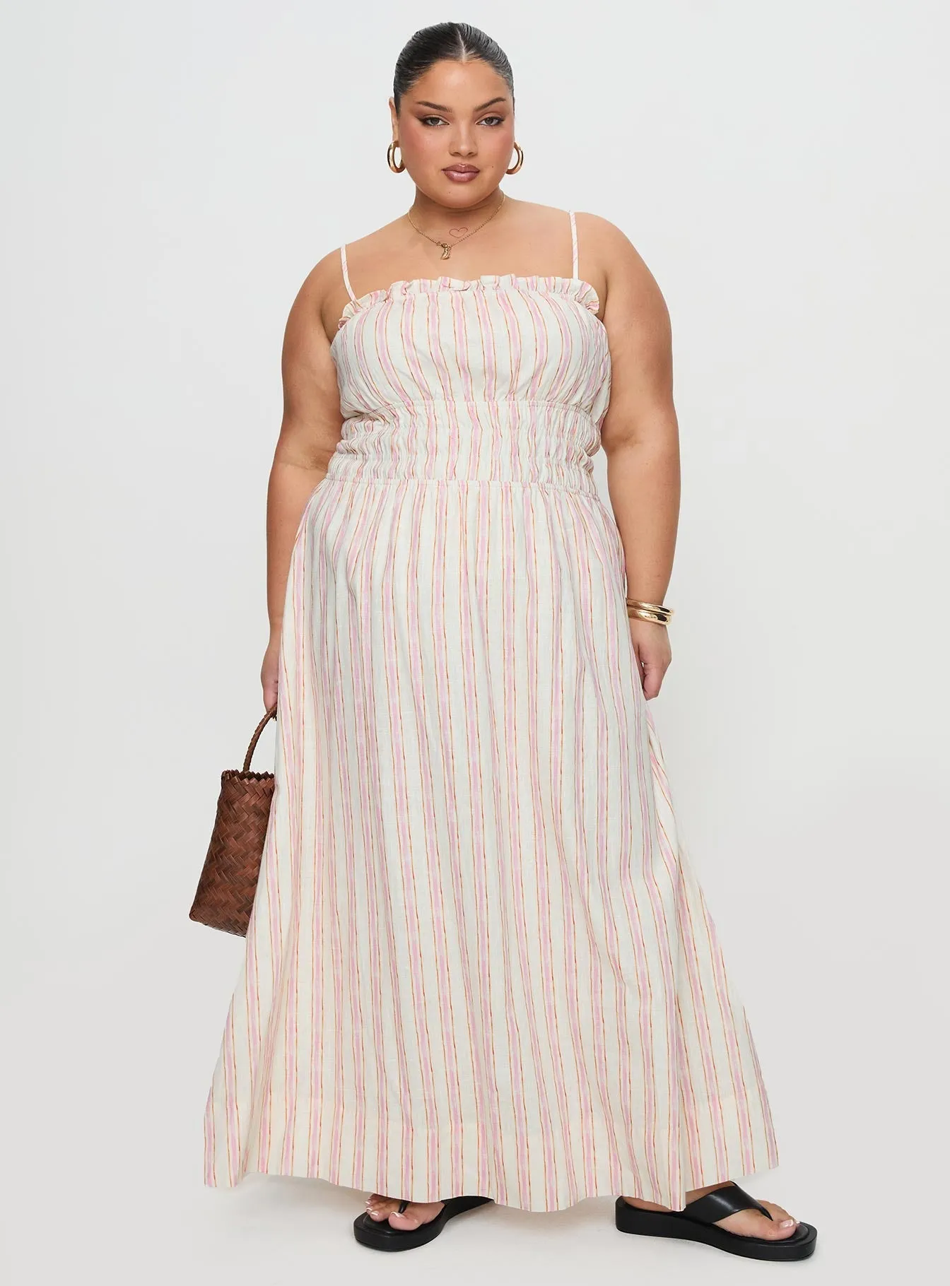 Persephone Shirring Linen Maxi Dress Pink Stripe Curve Red-Carpet Contemporary Style