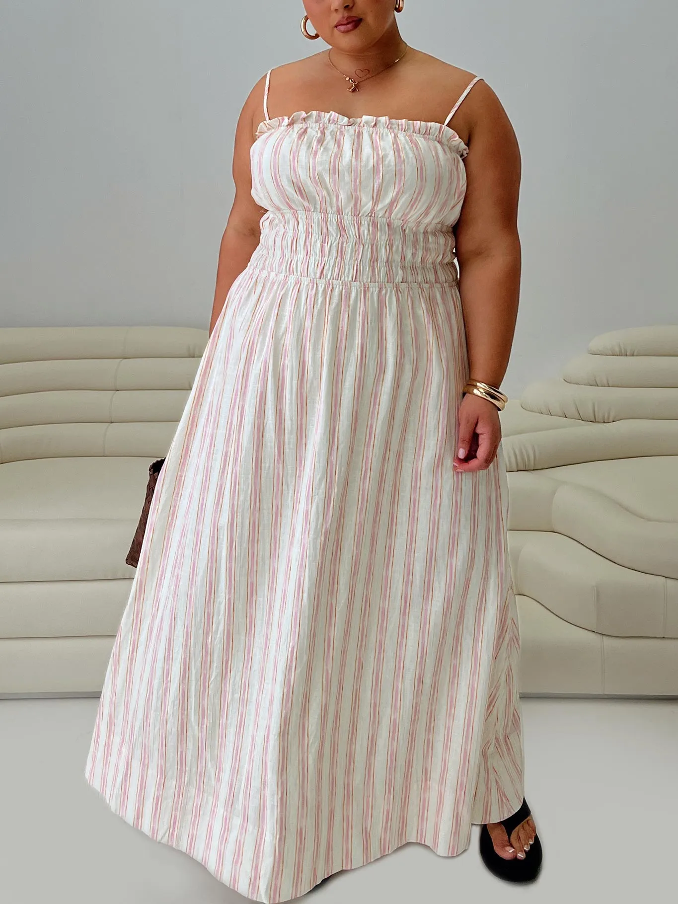 Persephone Shirring Linen Maxi Dress Pink Stripe Curve Convertible-Style