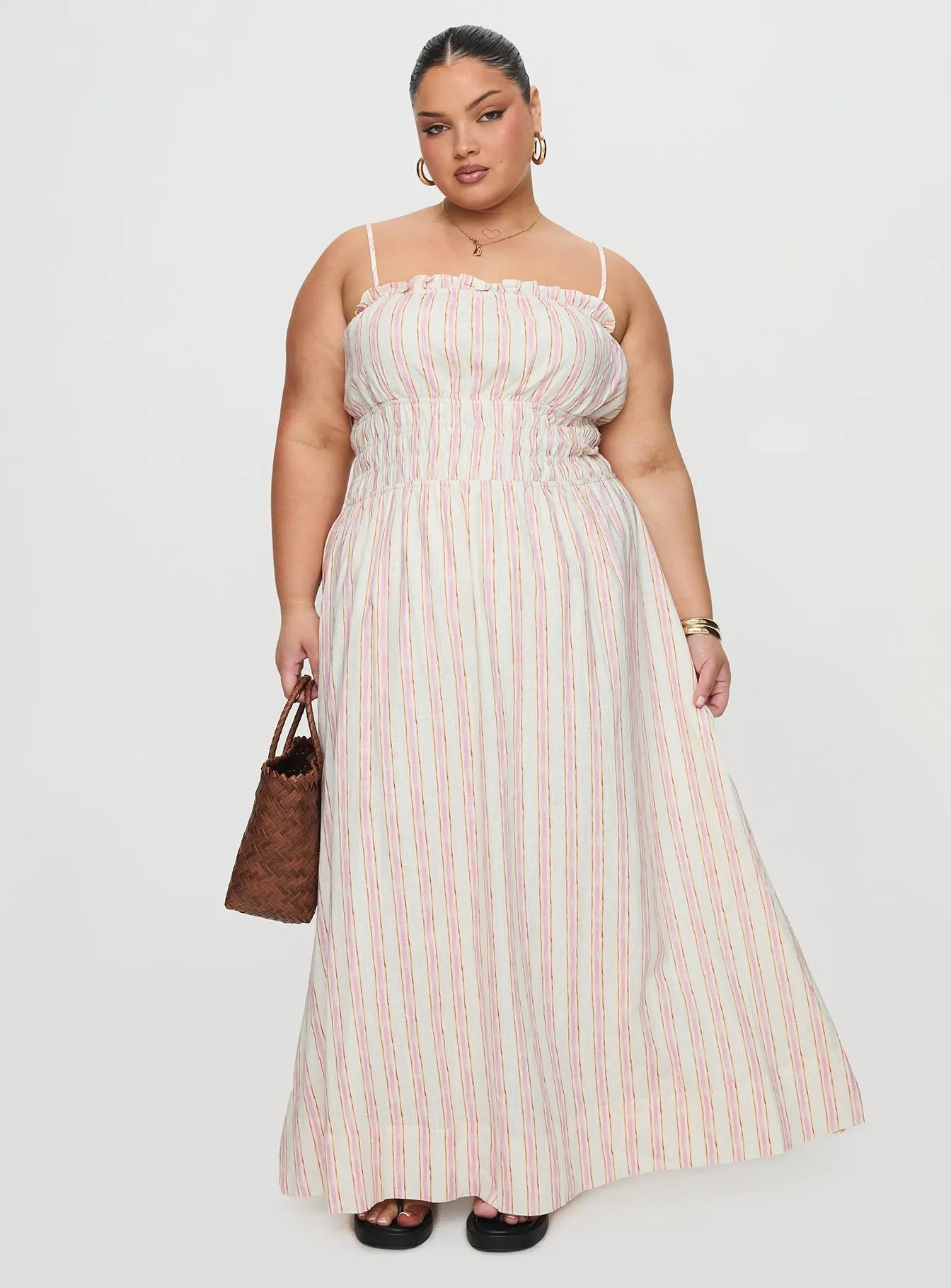 Persephone Shirring Linen Maxi Dress Pink Stripe Curve Fashionable Design