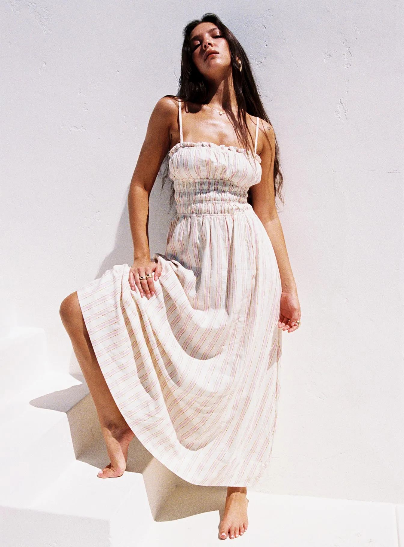 Mid Season Persephone Shirring Linen Maxi Dress Pink Stripe