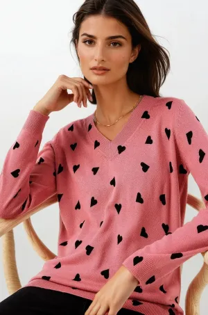 Pink Heart Print Soft Touch Jumper Soft Ribbed Texture FineGauge Knit