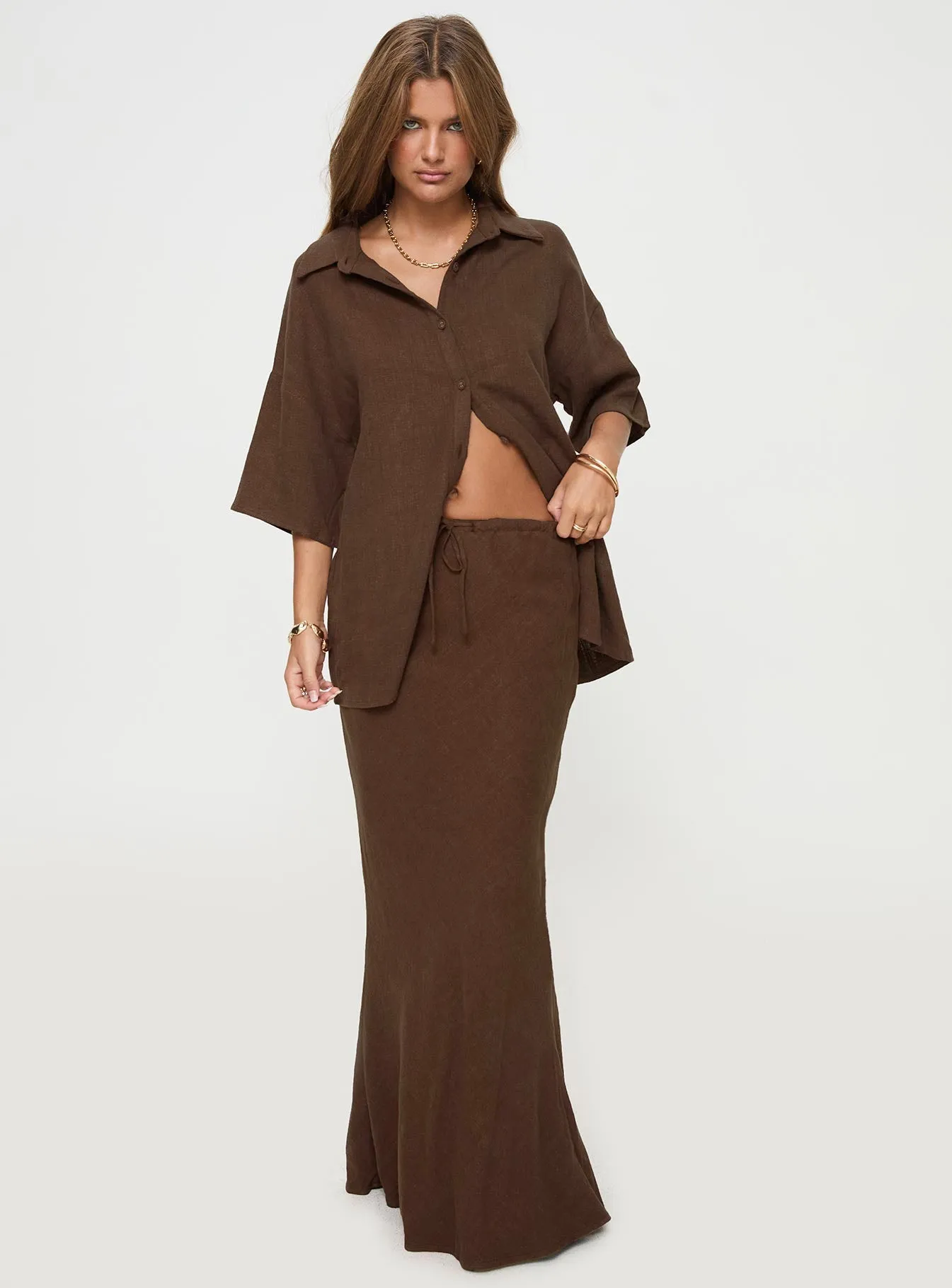 Fade Resistant Cloth Roll Up Hem Mercer Linen Blend Maxi Skirt Chocolate