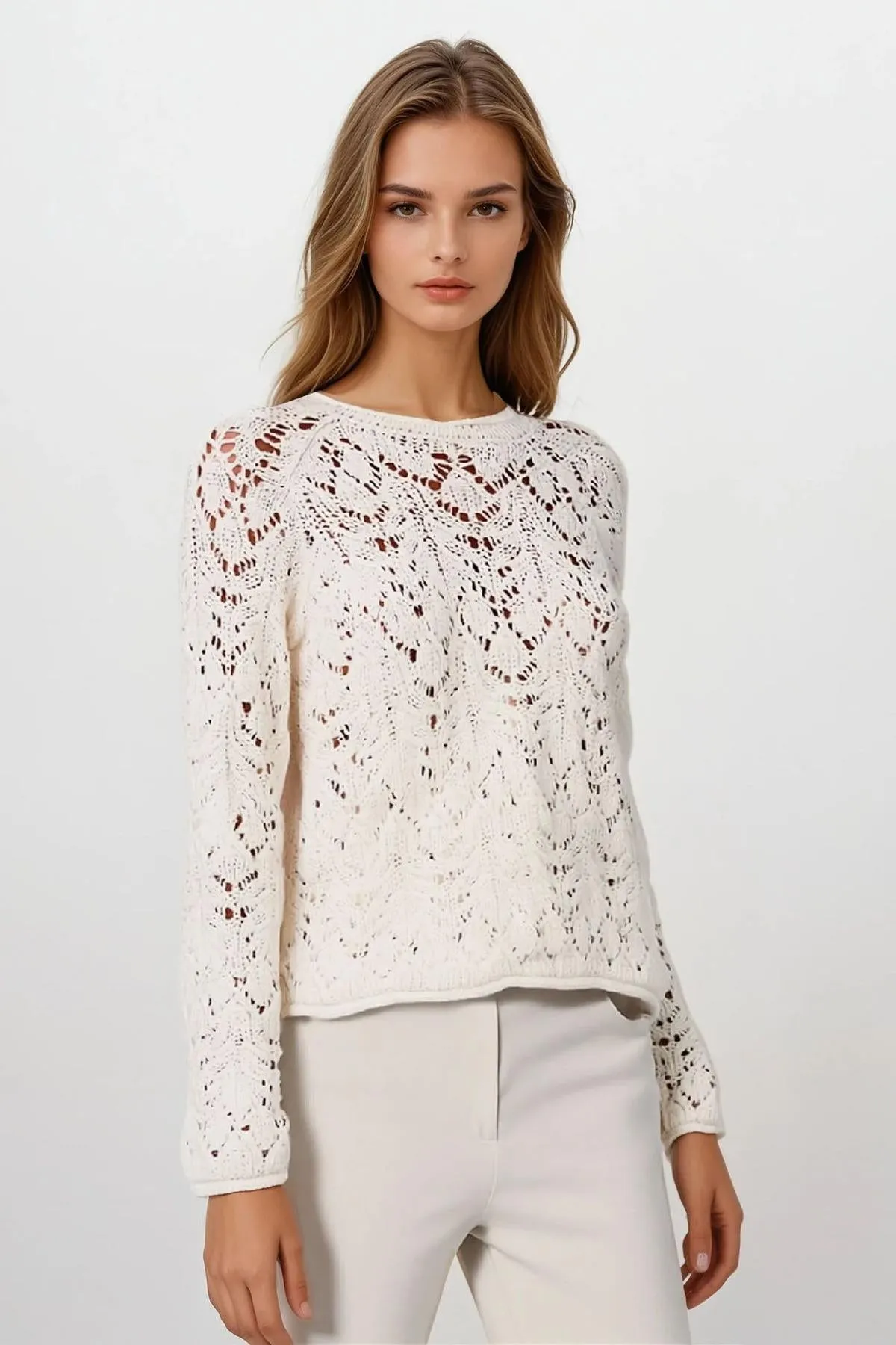 Ribbed Hemline Ivory Cotton Crochet Knit Jumper