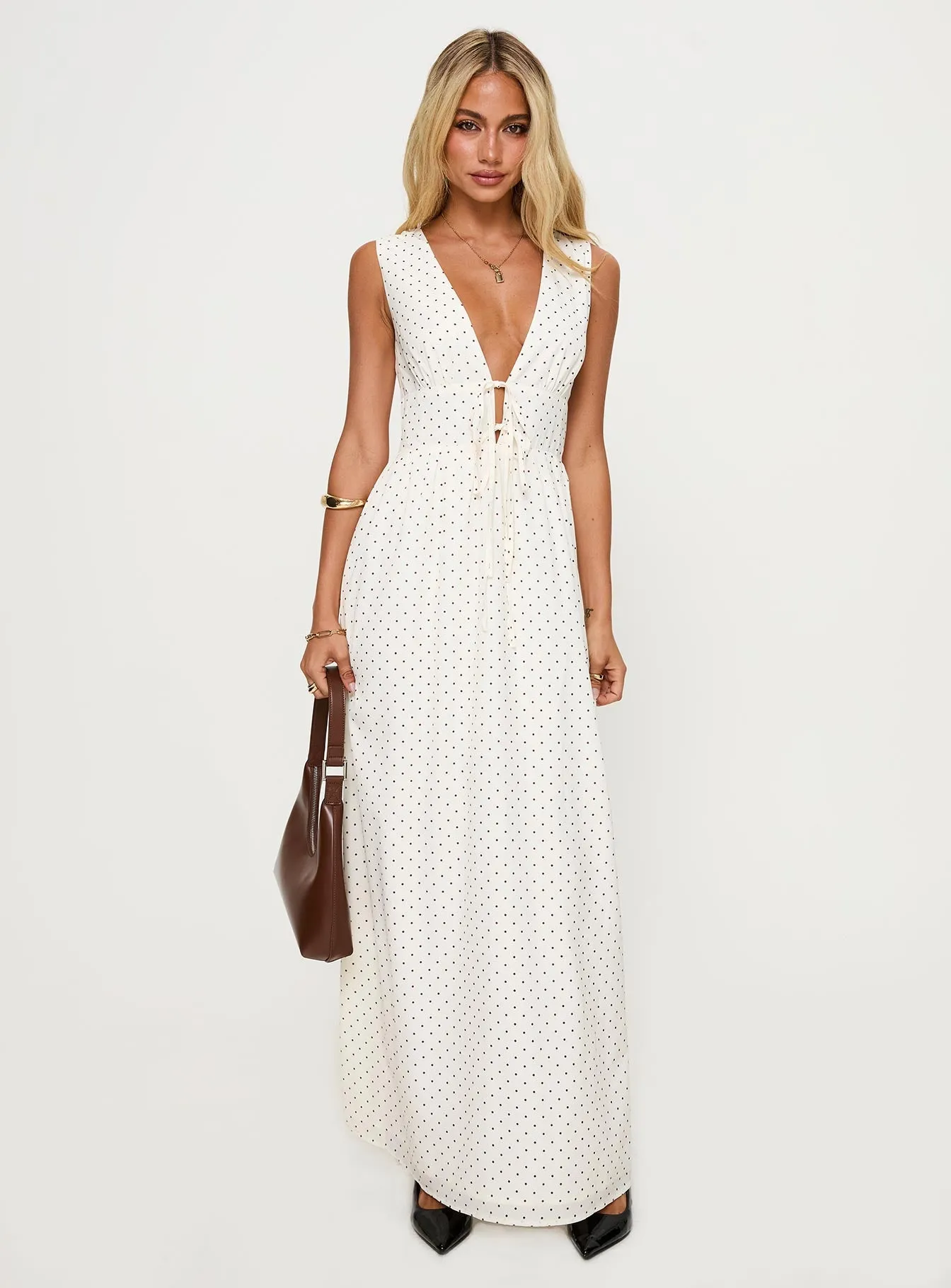 Flawless Waistband Statement Neck Pokey Maxi Dress Cream / Polka Dot