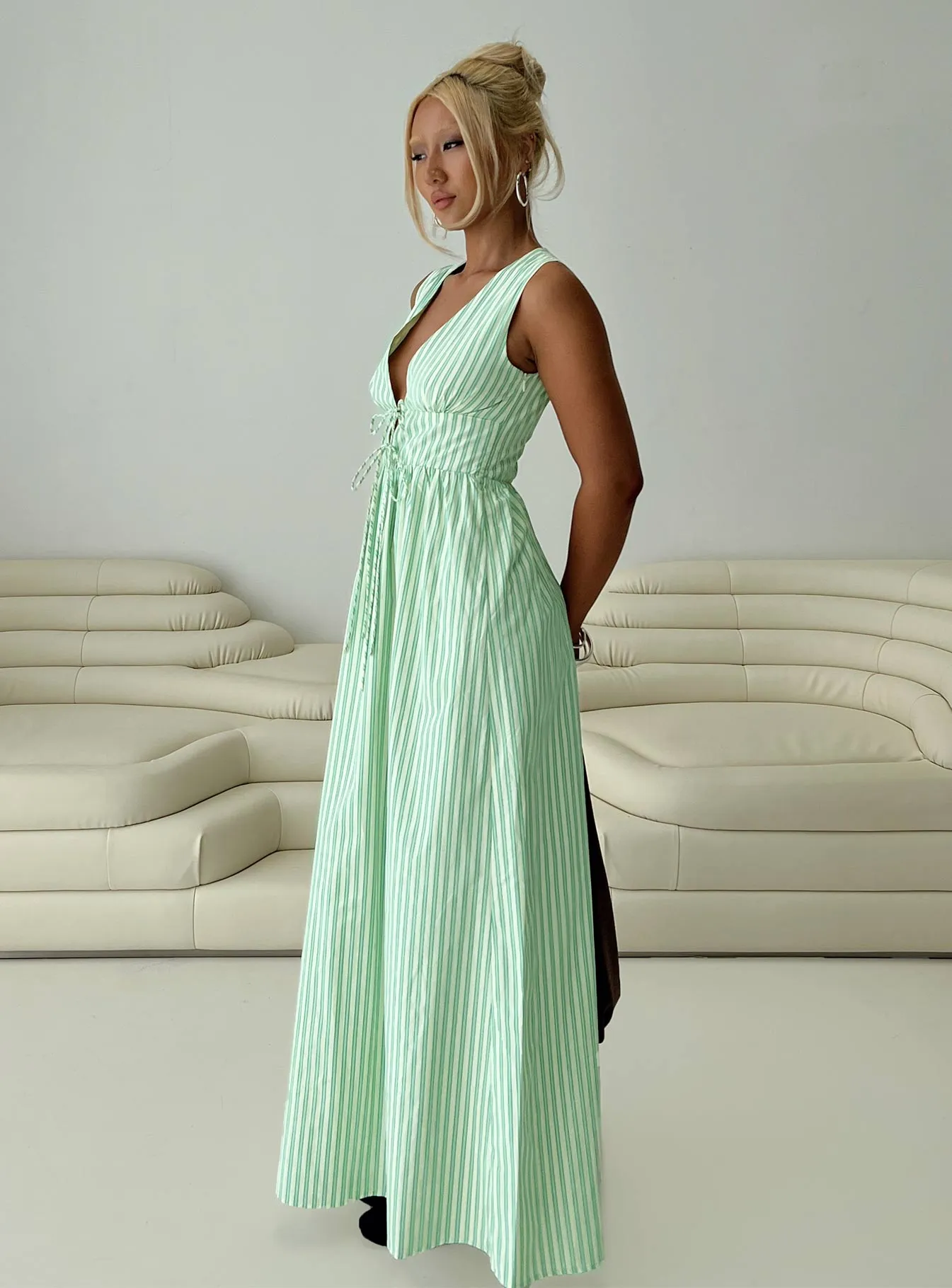 Pocket-Detail Breathable-Lining Pokey Maxi Dress Green Stripe