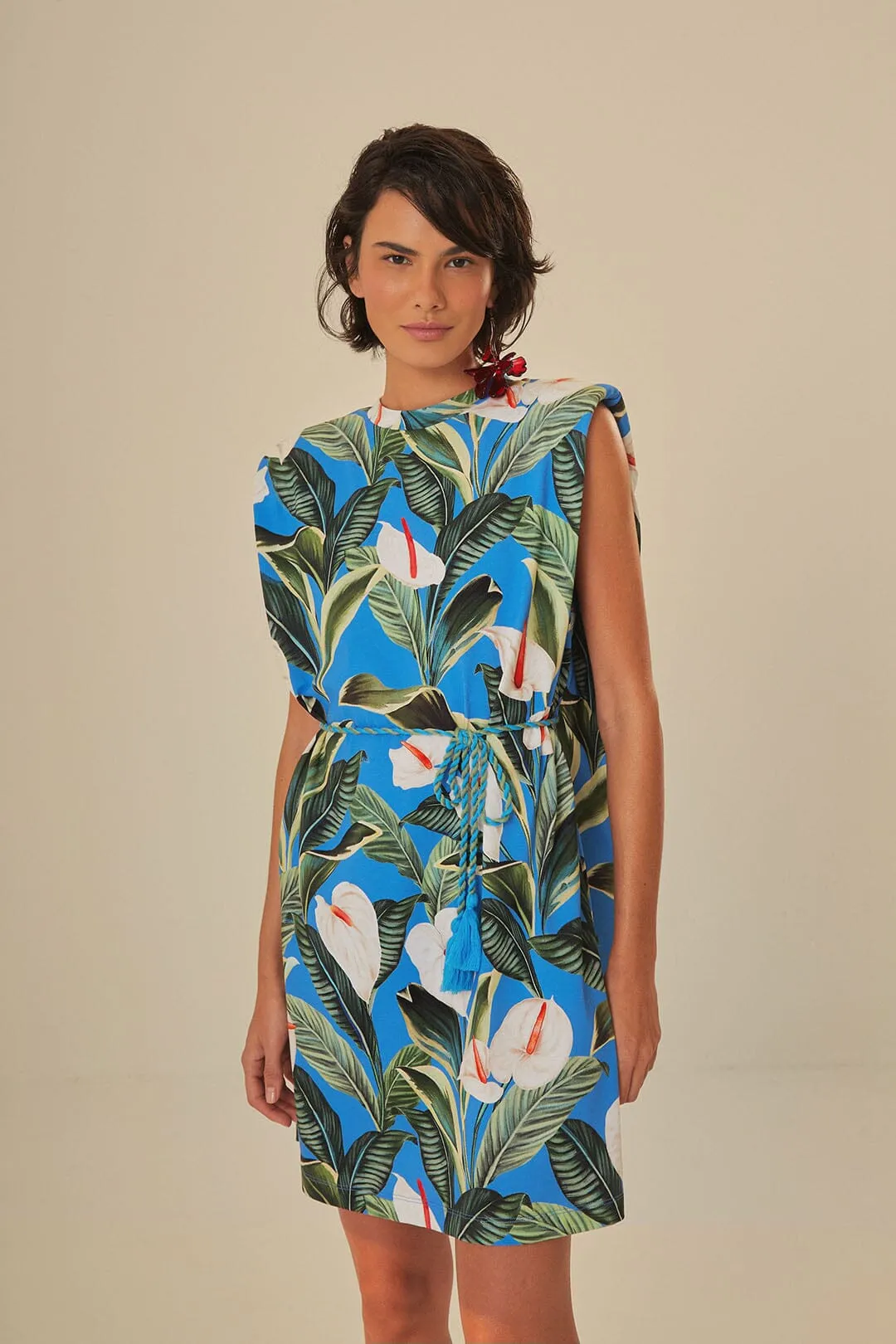 Blue Anthurium Garden Organic Cotton Mini T-Shirt Dress Sporty Layer