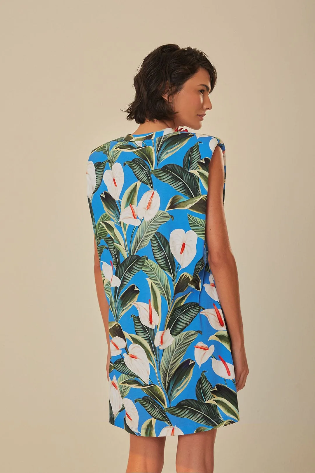 Blue Anthurium Garden Organic Cotton Mini T-Shirt Dress WrinkleResistant Texture