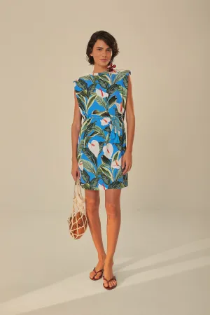 Vibrant Colors Sublimation Resistant Fabric Blue Anthurium Garden Organic Cotton Mini T-Shirt Dress