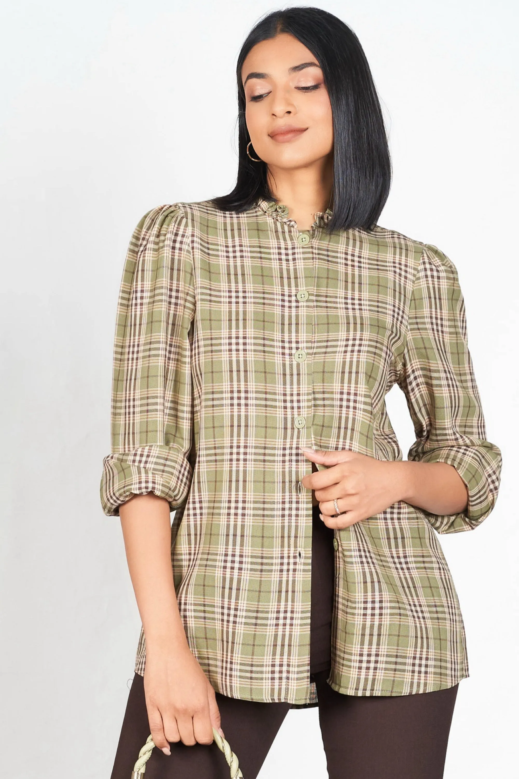 Urban Fit Microfiber texture Green Plaid Shirt