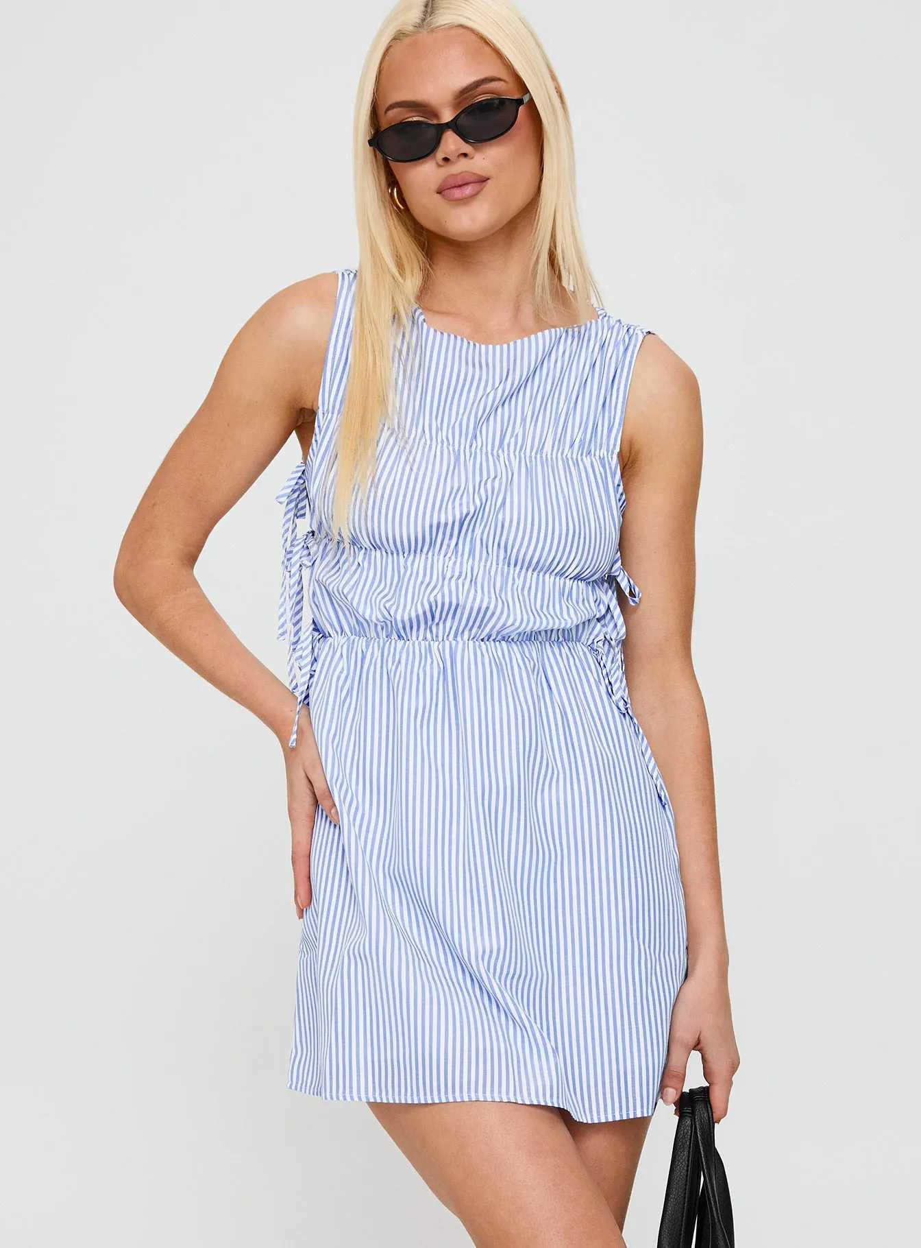 Trend Focused Priscille Shirred Mini Dress Blue Stripe