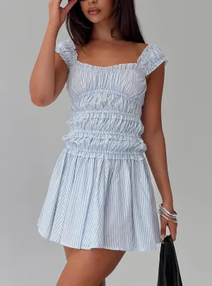Gentle Look Wonderlust Shirred Mini Dress Blue Stripe