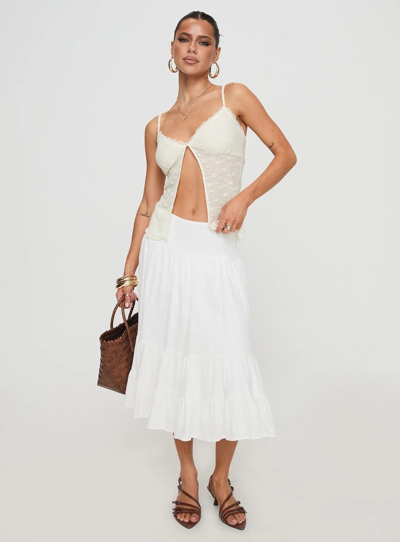 Prophecy Tiered Midi Skirt White Tailored Cut Floral Pattern