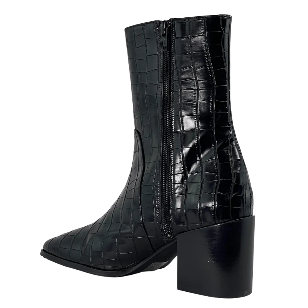 'Menos' vegan mid-calf boot by Zette Shoes - black faux-croc Seamless Feel