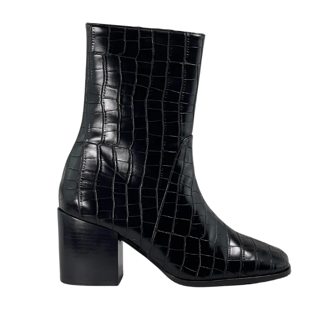 'Menos' vegan mid-calf boot by Zette Shoes - black faux-croc ErgonomicDesign Seamless Comfort Rough Terrain