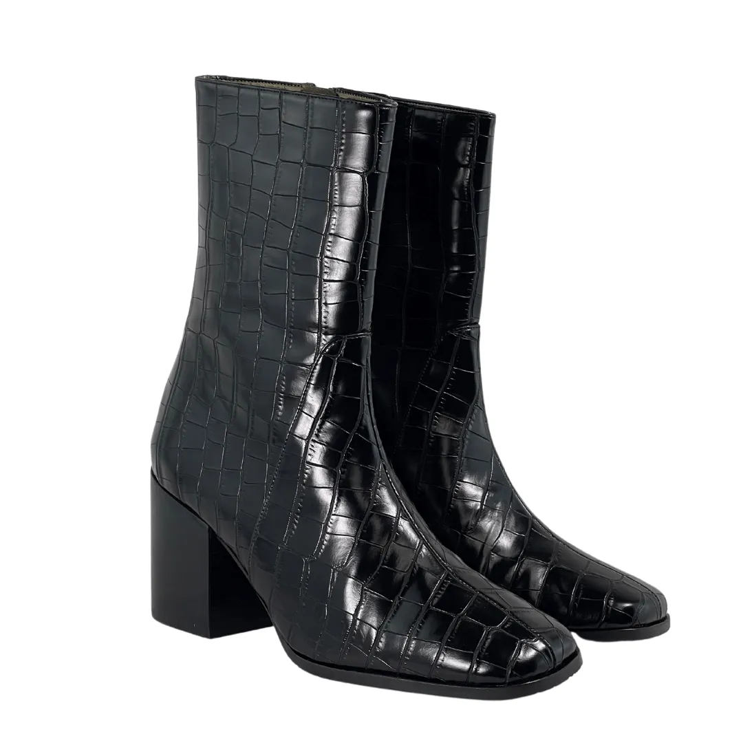 Protective Finish Morning Walk 'Menos' vegan mid-calf boot by Zette Shoes - black faux-croc