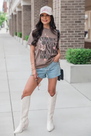 Cowboy Boots and Country Roots Espresso Brown Graphic Tee Stretch Jersey Knit