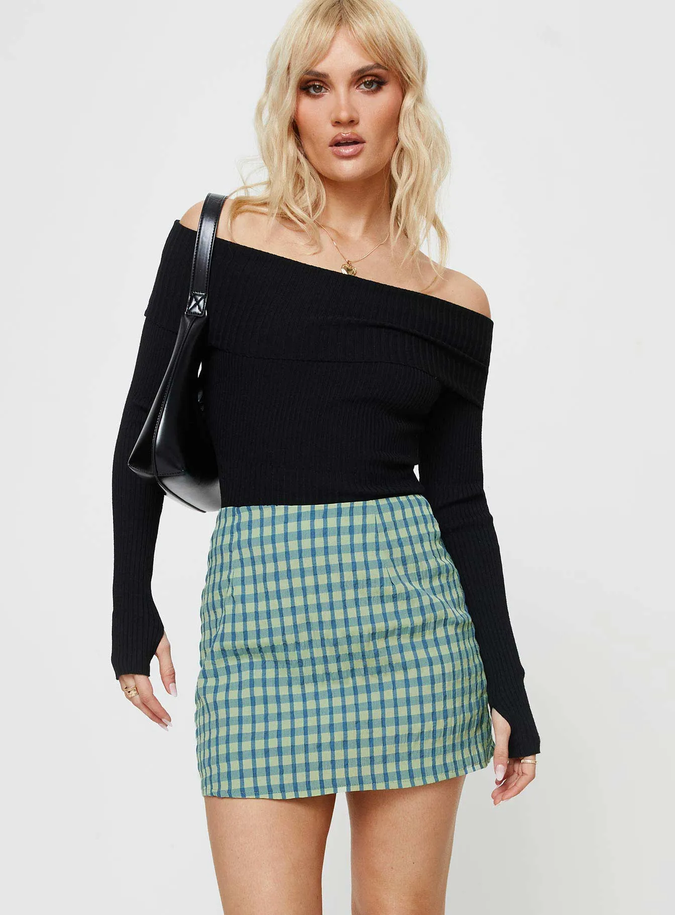 Leg Elongating Floor Length Selby Gingham Mini Skirt Blue / Green