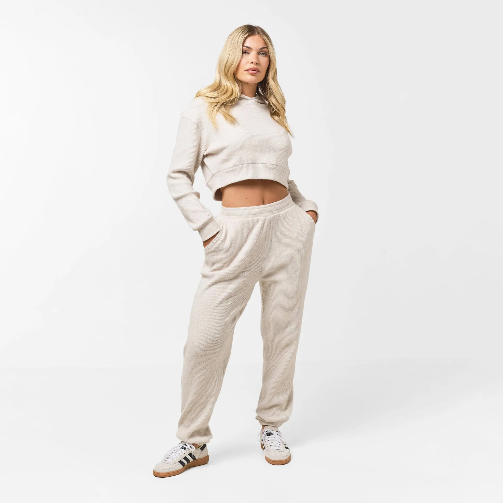 Street Wear MinimalistStyle Ribbed Knitted Tracksuit | Oat