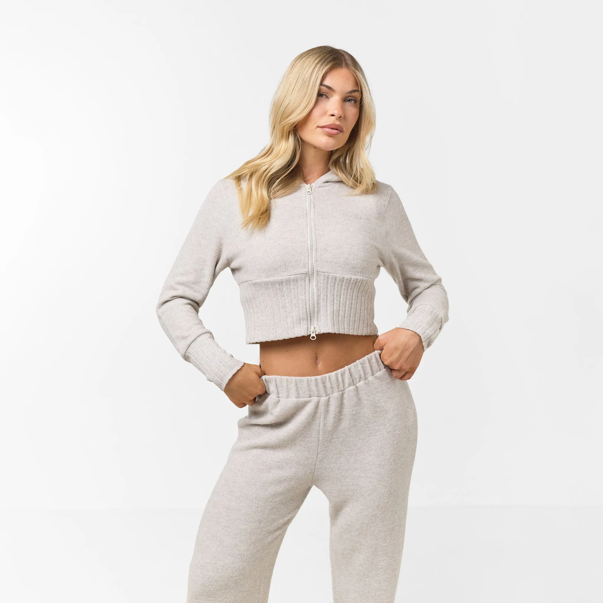 Cropped Split Hem Knit Tracksuit | Oat Marl Net Fit