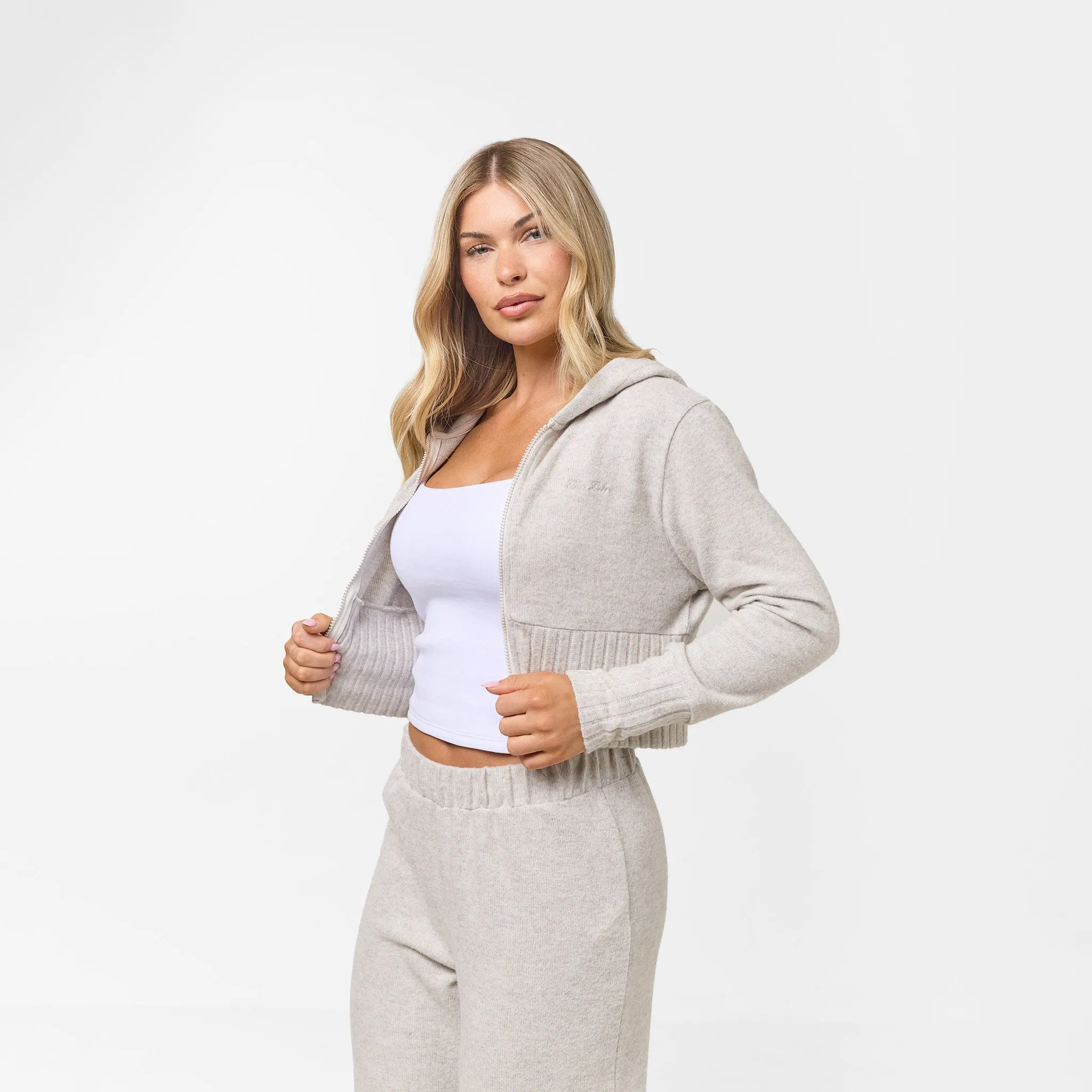 Modern Boots Cropped Split Hem Knit Tracksuit | Oat Marl