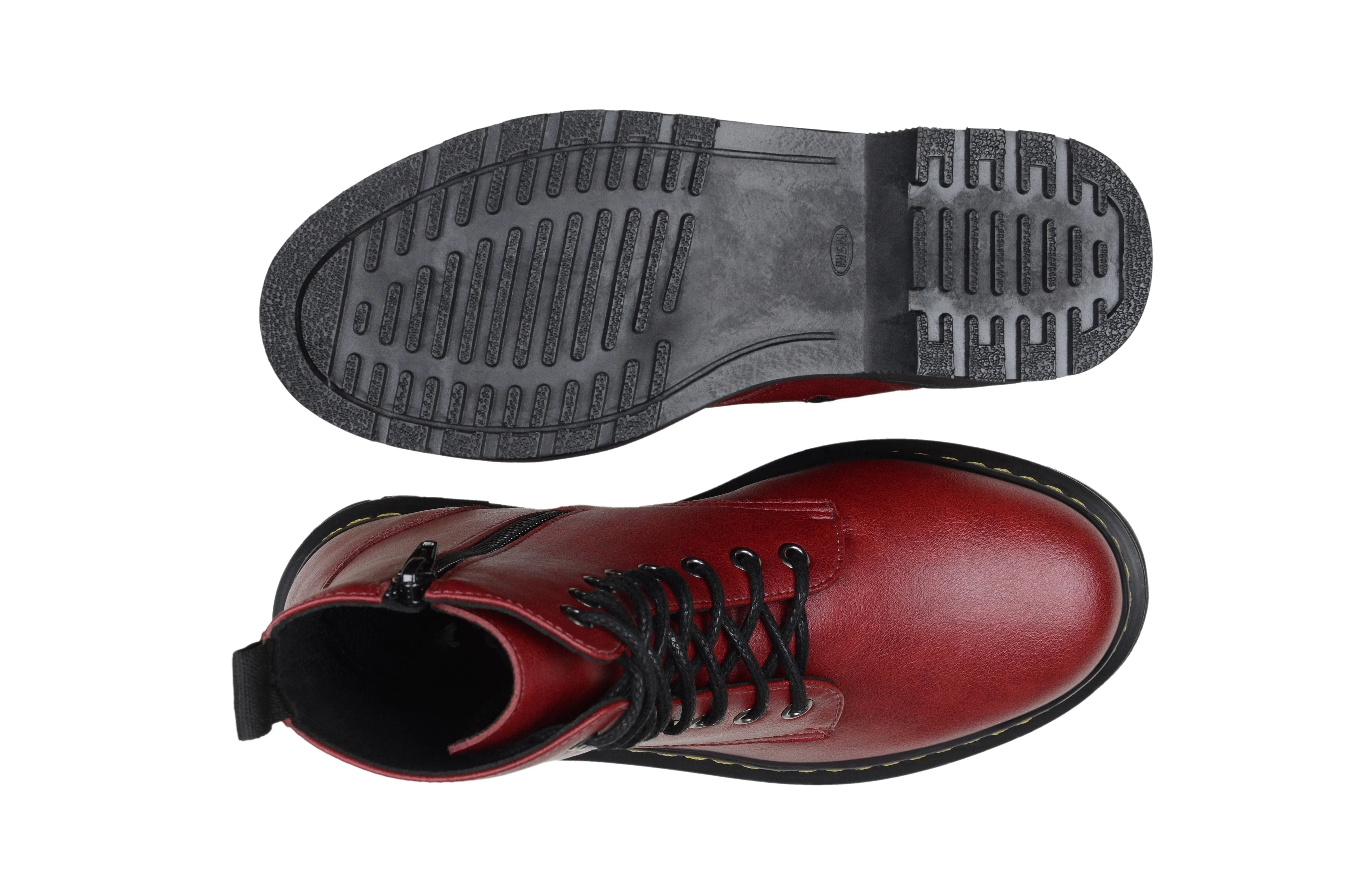 'Quinn' vegan-leather boot with stacked sole by Zette Shoes - cherry red Gloss Shine