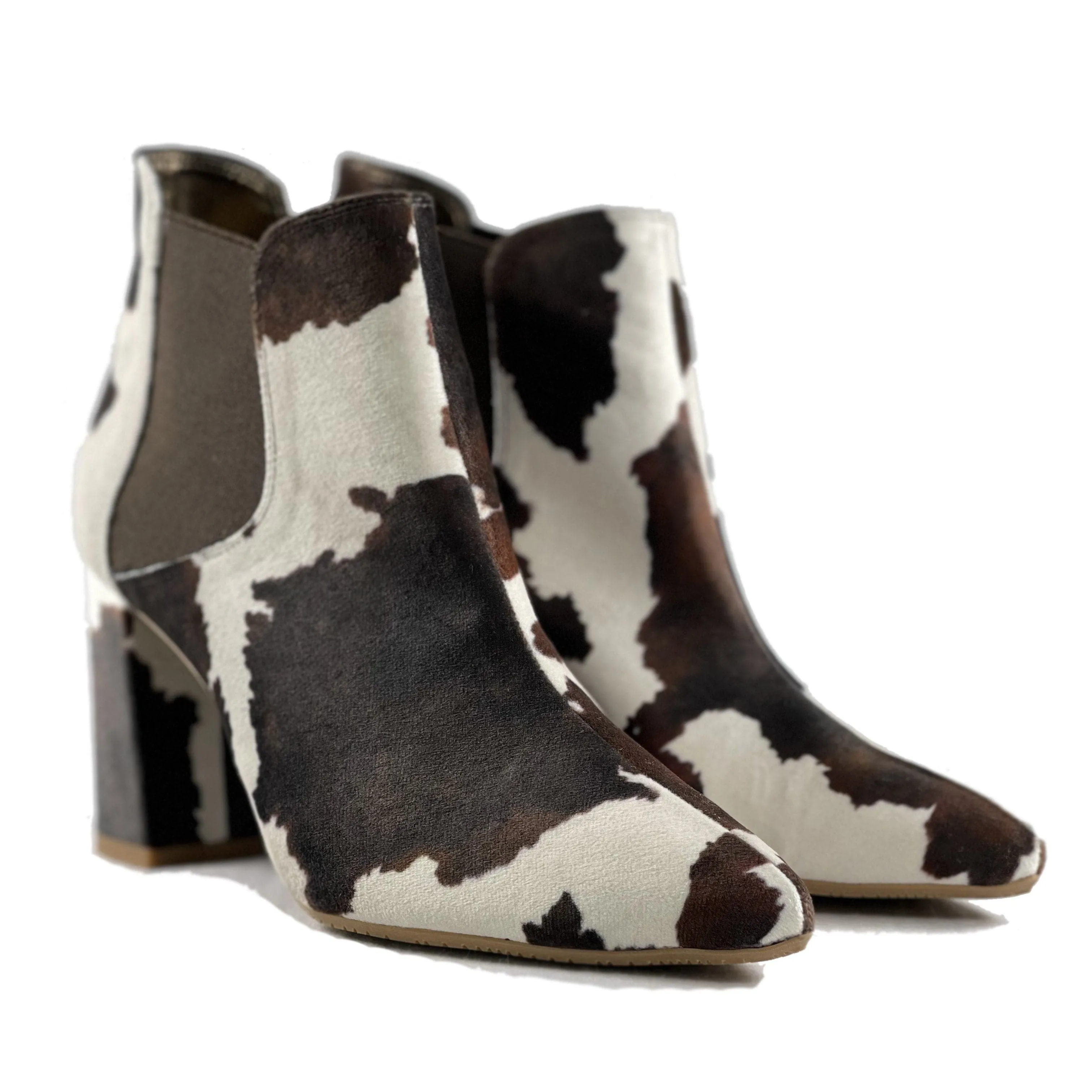 'Rachel' vegan Chelsea bootie by Zette Shoes - velvet cow print Reinforced Form Night Travel